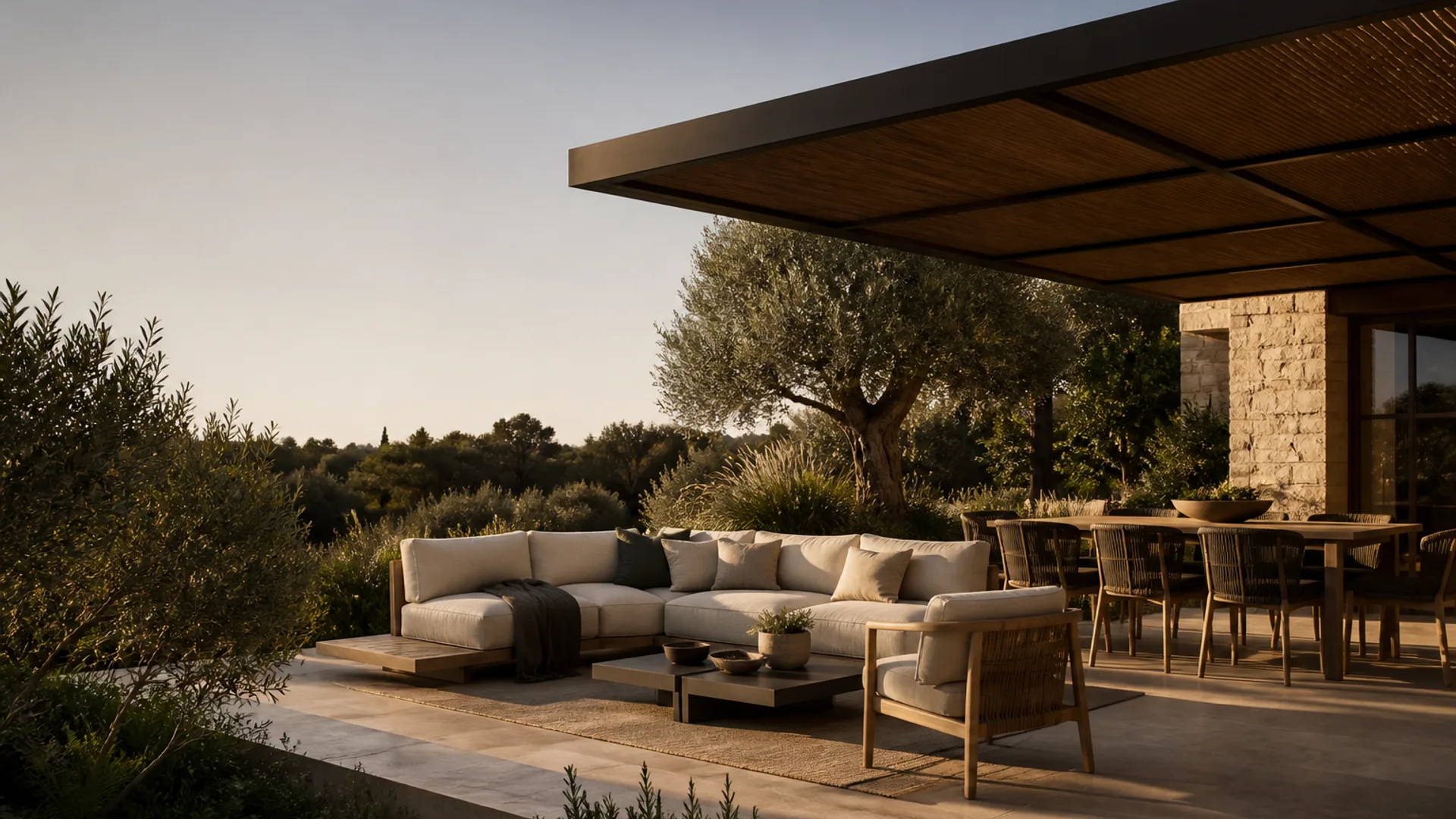 A refined outdoor lounge and dining terrace